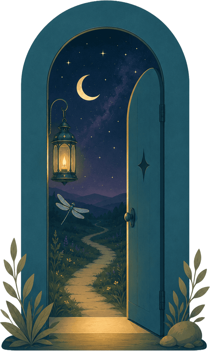 A lantern hanging lit inside an open door at night