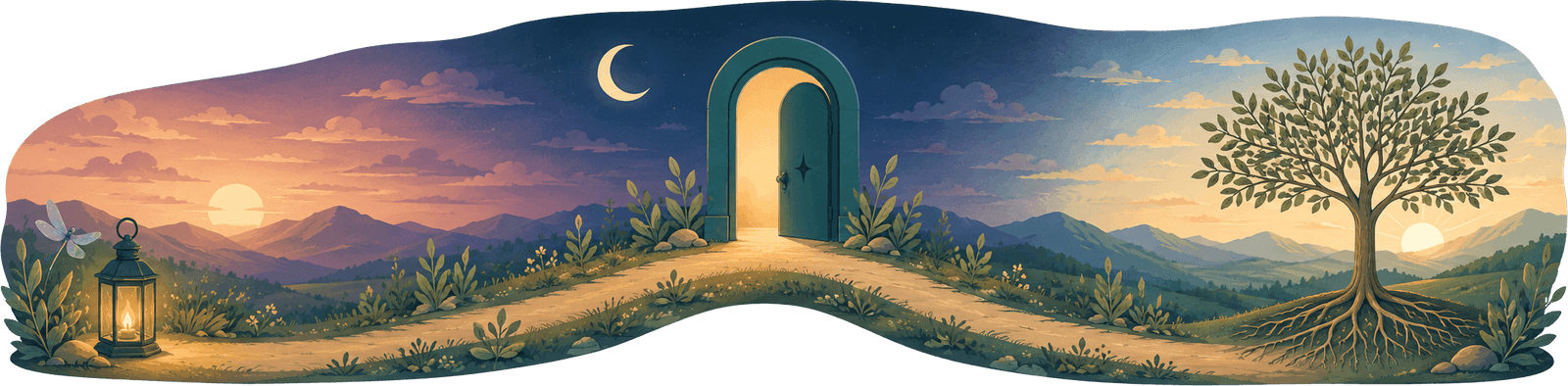 A path beginning at a lantern, rising through an open door, and ending at a rooted tree